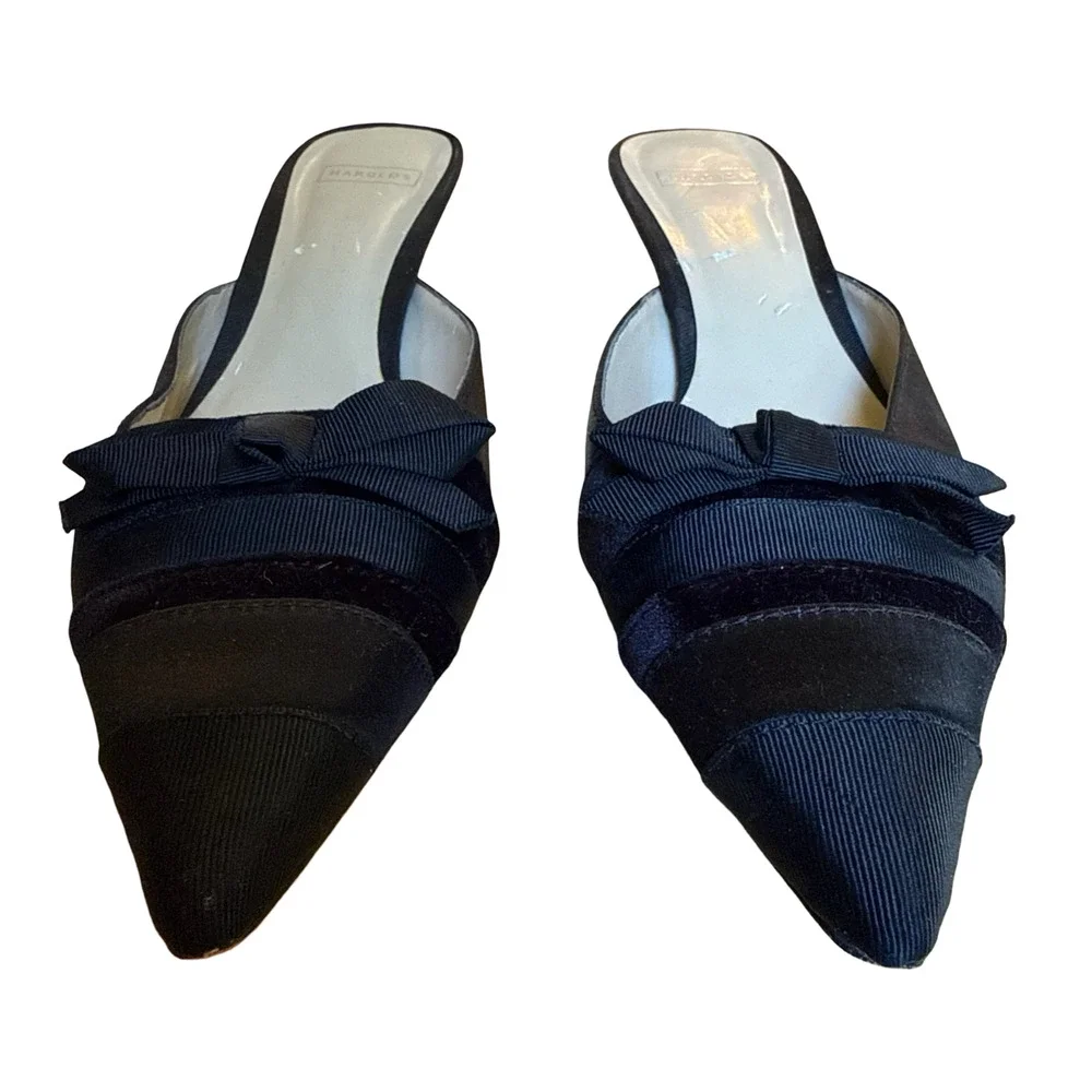 Harold's Ivon Black Ribbon Point Toe Velvet Kitten Heels Slip On Shoes Bow 8.5